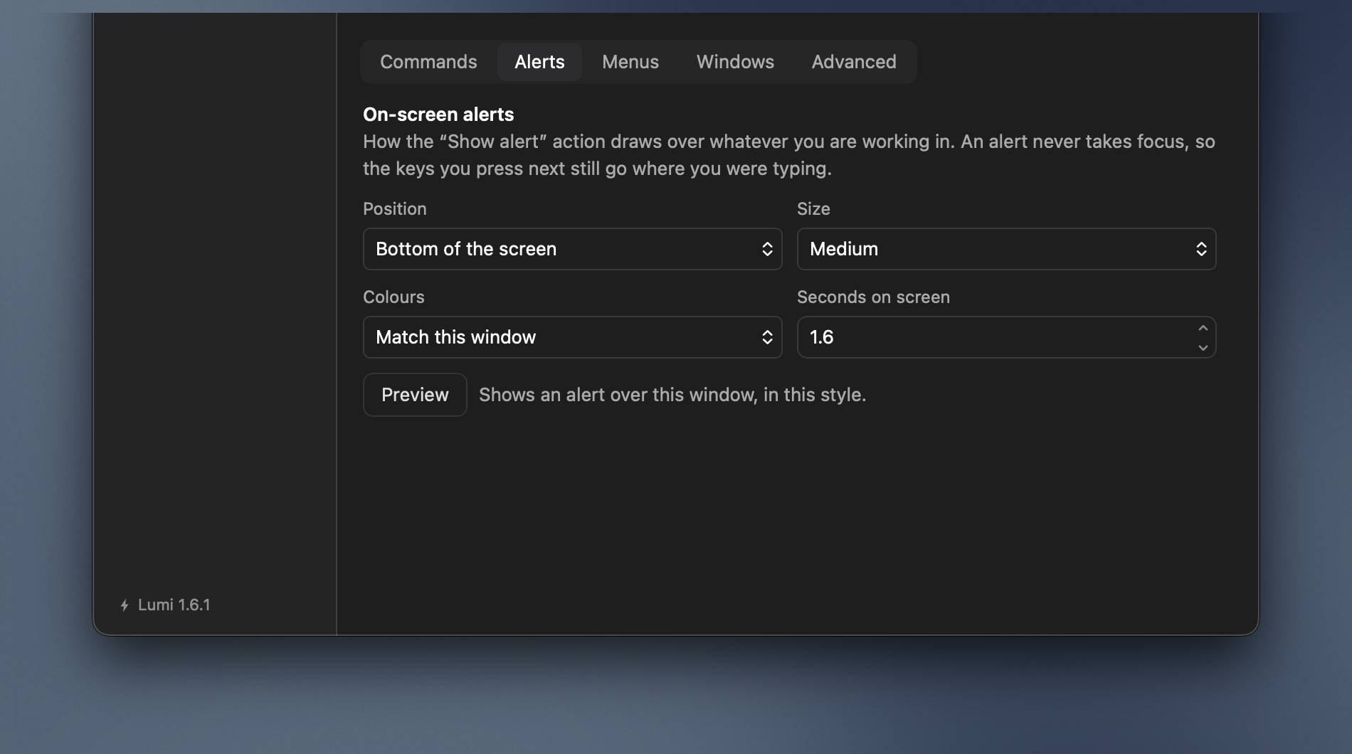 General → Alerts: position, size, theme and duration, with a button that draws a preview