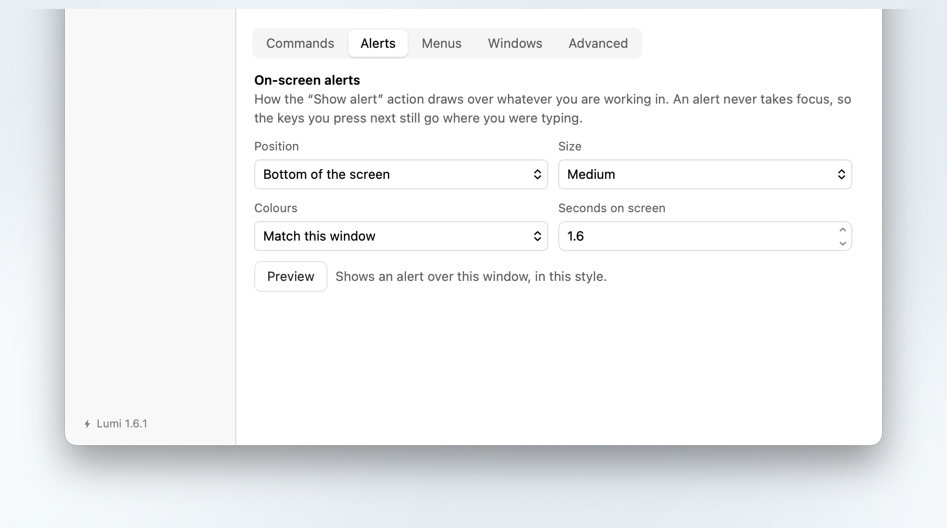 General → Alerts: position, size, theme and duration, with a button that draws a preview