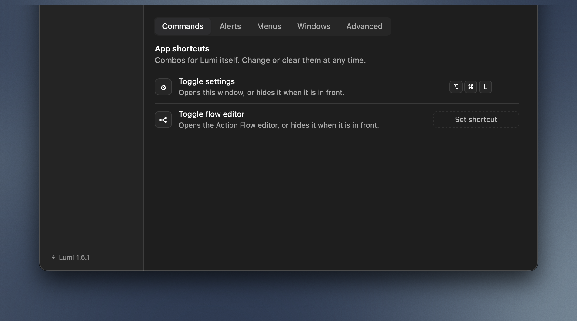 General → Commands: App shortcuts, the combinations that open Lumi's own two windows