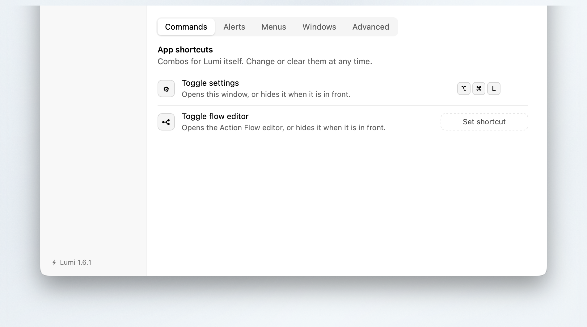General → Commands: App shortcuts, the combinations that open Lumi's own two windows