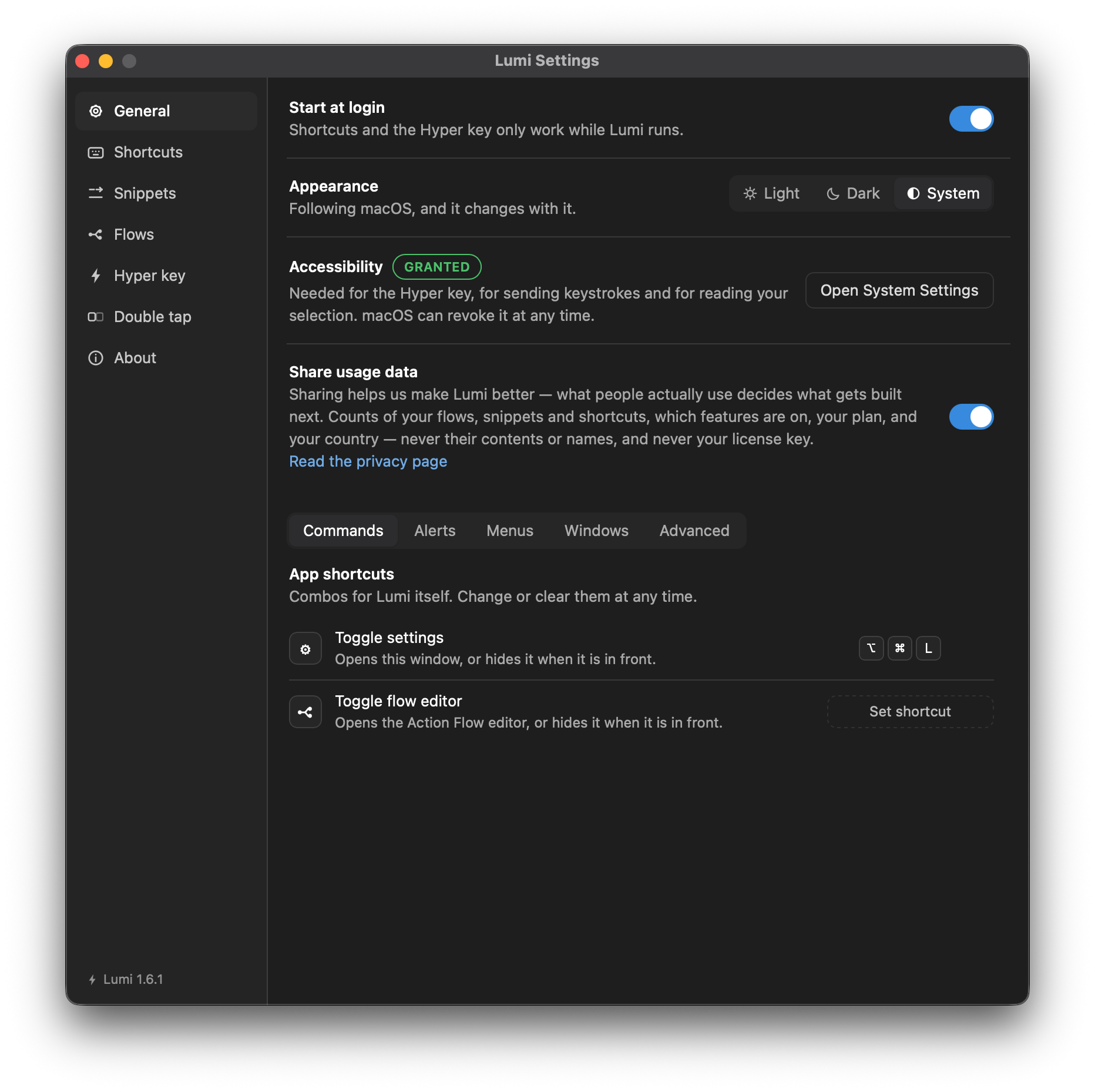 The General pane: Start at login, Appearance, Accessibility and Share usage data above the five tabs