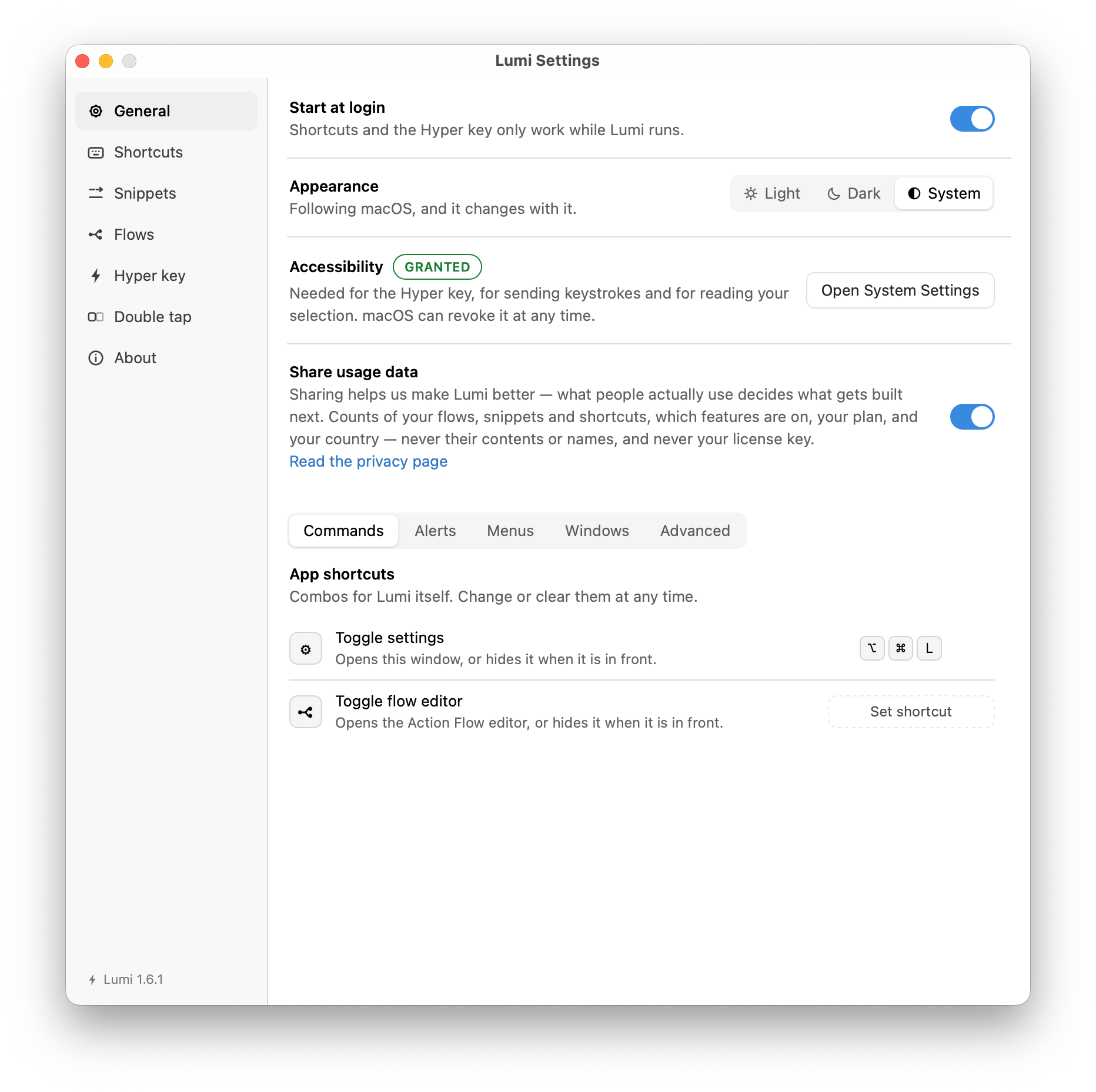 The General pane: Start at login, Appearance, Accessibility and Share usage data above the five tabs